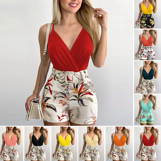 Damen Eleganter Jumpsuit mit tiefem V-Ausschnitt und floralen Details EB