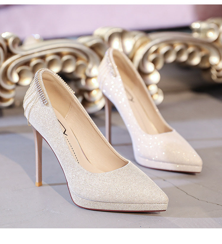 Damen nan elegante Abend-Pumps mit feinem Glitzermesh, spitzer Zehenpartie, filigranem Stilettoabsatz und dekorativer Fersenapplikation EB