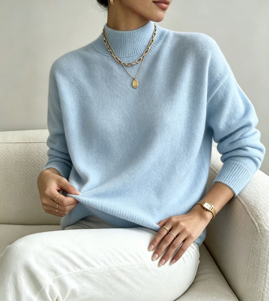 Damen kuscheliger Feinstrickpullover mit Stehkragen und überschnittener Schulter EB