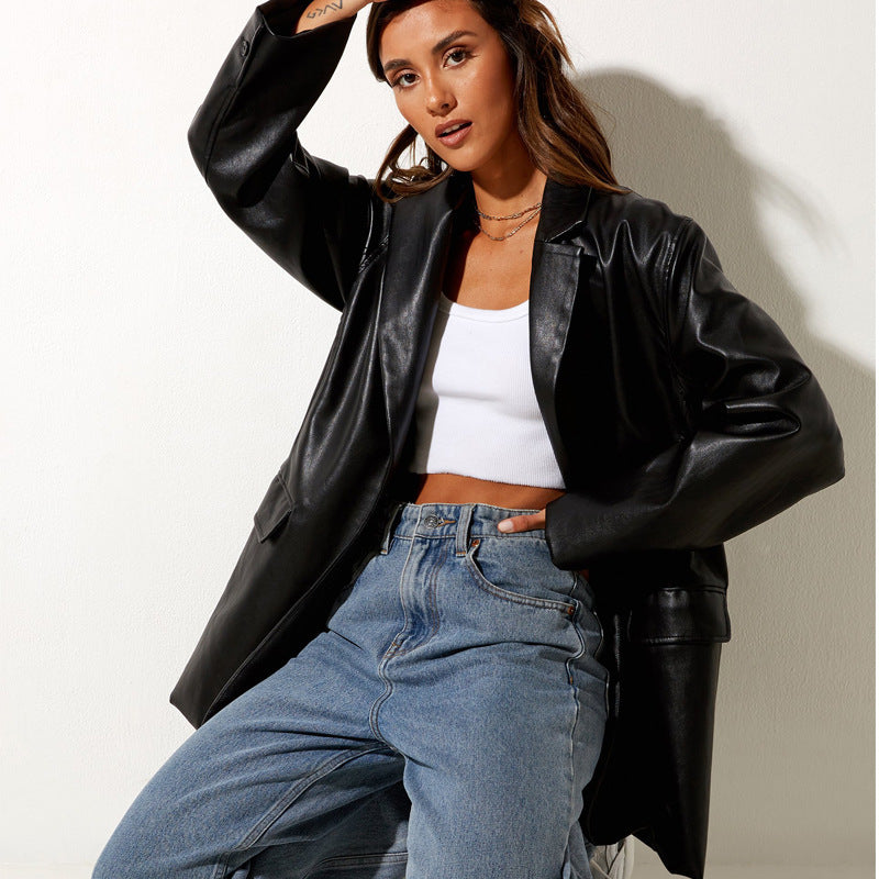 Damen Oversized Kunstleder Blazer EB