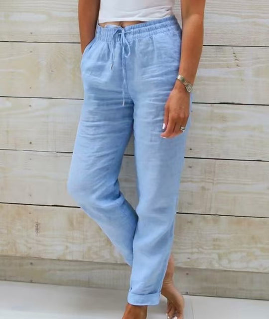 Damen nan lässige Leinenhose mit elastischem Bund Kordelzug und Seitentaschen EB