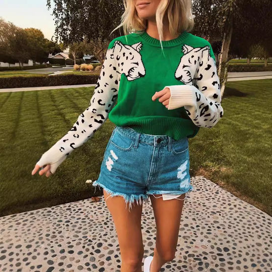 Damen modischer Strickpullover mit tierischem Motiv und farblich abgesetzten Ärmeln EB