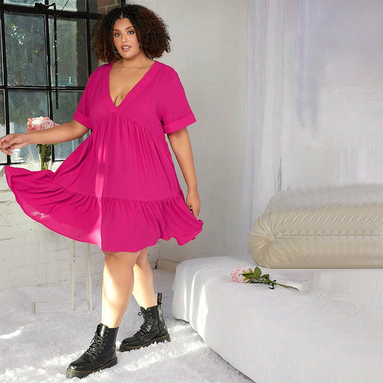 Damen lässiges Sommerkleid mit V-Ausschnitt und schwingendem Saum EB