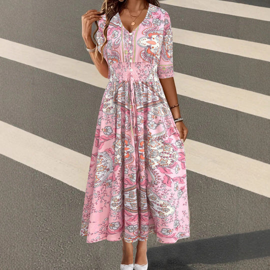 Damen Maxikleid mit floralem Paisleymuster und schmeichelndem V-Ausschnitt EB