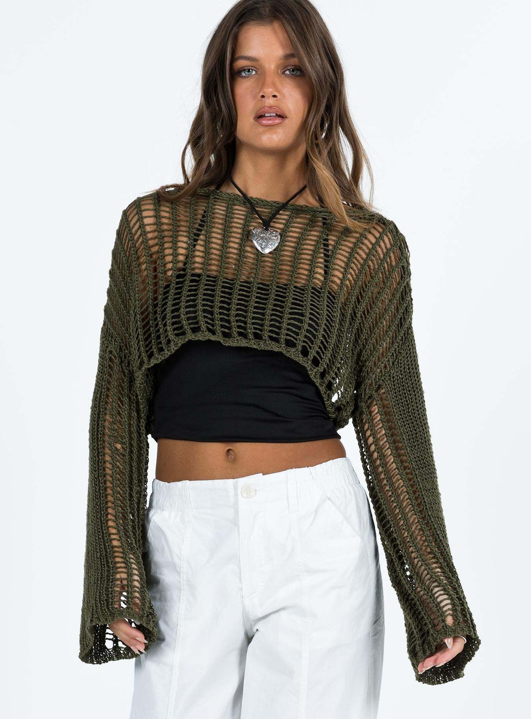 Damen luftige gehäkelte Strickjacke mit weiten Ärmeln EB
