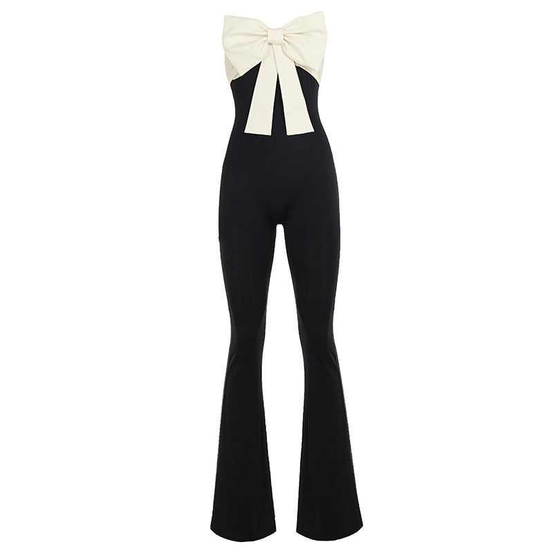 Damen eleganter Jumpsuit mit Schleifen-Akzenten und weiten Beinen EB