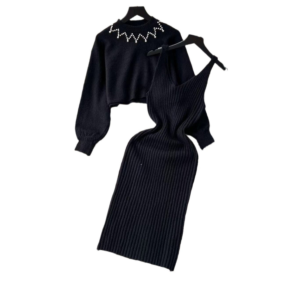 Damen Elegantes Strickkleid mit raffinierter Ribstruktur und stylischem Crop-Pullover EB