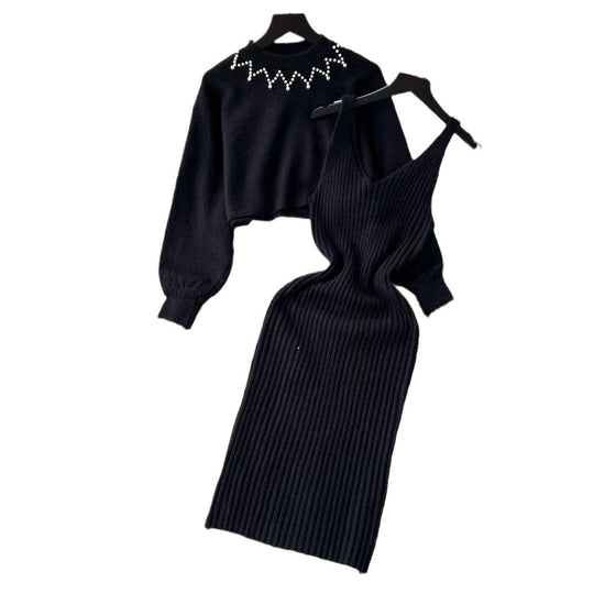 Damen Elegantes Strickkleid mit raffinierter Ribstruktur und stylischem Crop-Pullover EB