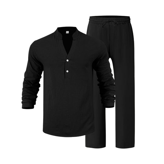 Herren komfortables Homewear-Set mit eleganter Knopfleiste und langen Hosen EB
