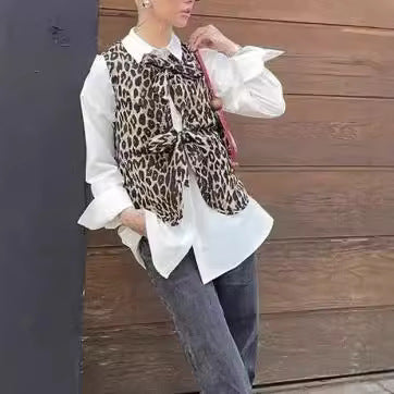 Damen ärmelloses Top mit charmantem Schleifenverschluss und modischem Leoprint EB