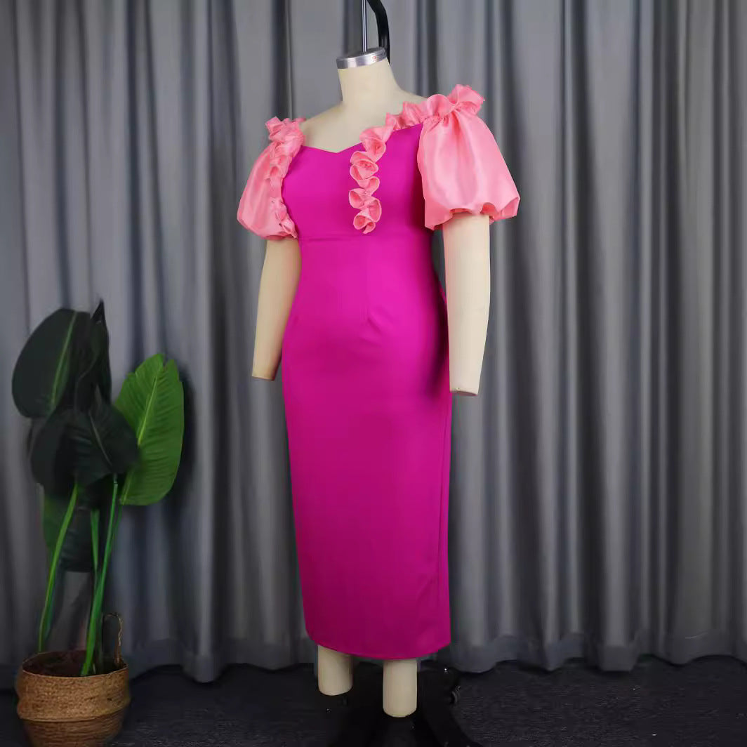 Damen figurbetontes Abendkleid mit voluminösen Rüschenärmeln EB