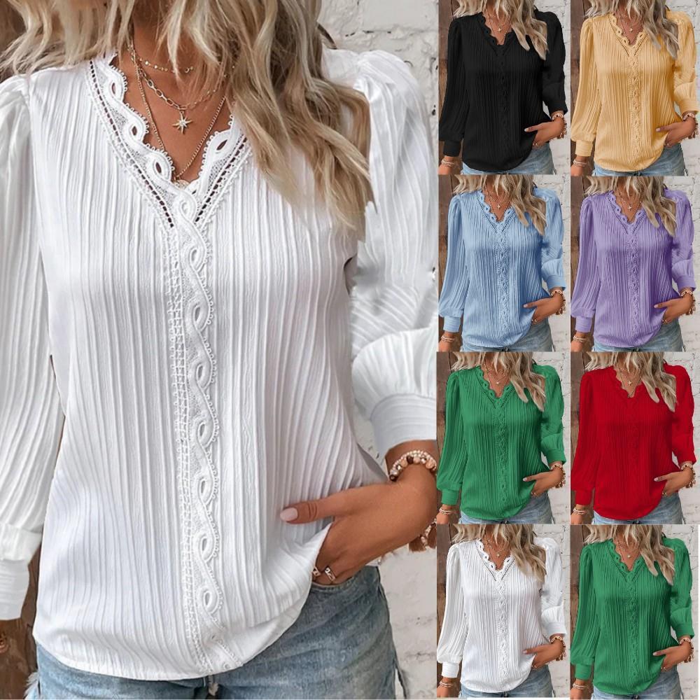 Damen nan romantische V-Ausschnitt Spitzenbluse mit Plissee und Puffärmeln EB