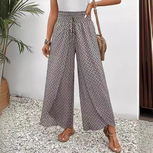 Damen nan weite Sommer-Palazzohose mit gerafftem Komfortbund, fließender Beinweite und geometrischem Allovermuster EB