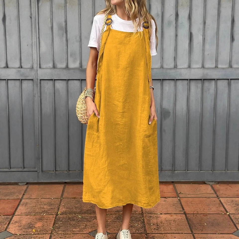 Damen Leichte Leinenkleid mit Taschen EB