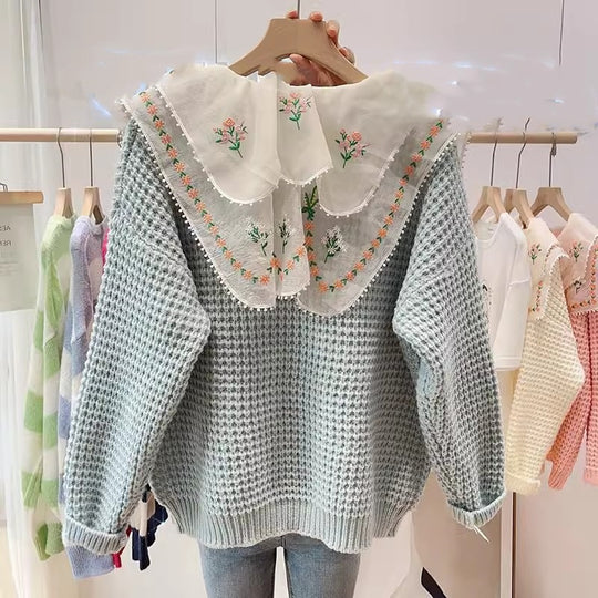 Damen gestickterCardigan mit weit geschnittenem Kragen EB