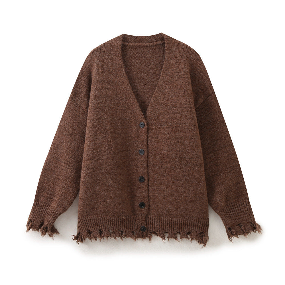 Damen lässige Strickjacke mit fransigem Saum und knöpfbarem Verschluss EB