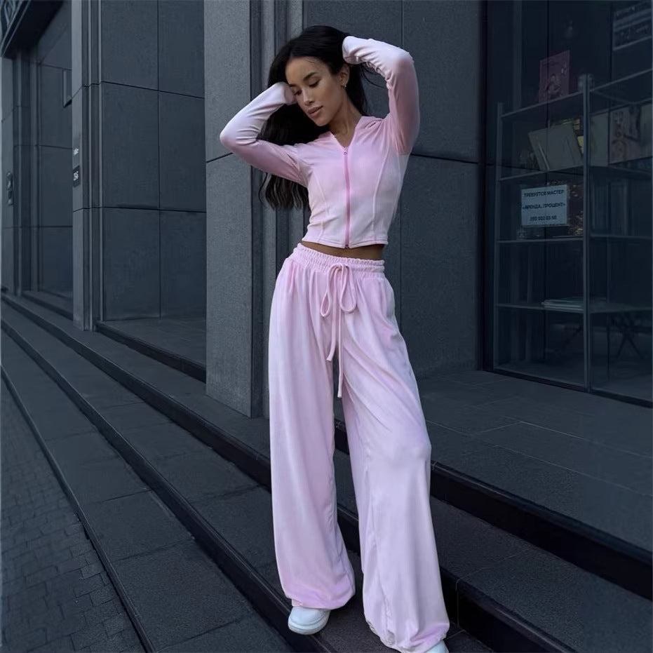 Damen Lounge-Set mit taillierter Kapuzenjacke und extraweiter Palazzo-Jogginghose EB