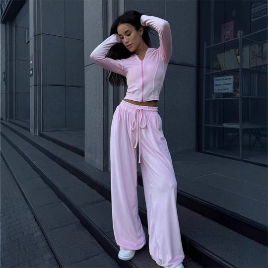 Damen Lounge-Set mit taillierter Kapuzenjacke und extraweiter Palazzo-Jogginghose EB