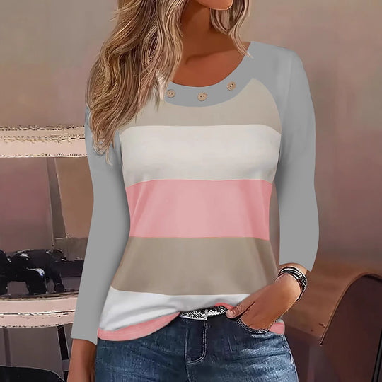 Damen Langarm T-Shirt mit modischem Streifenmuster und dekorativen Knöpfen EB