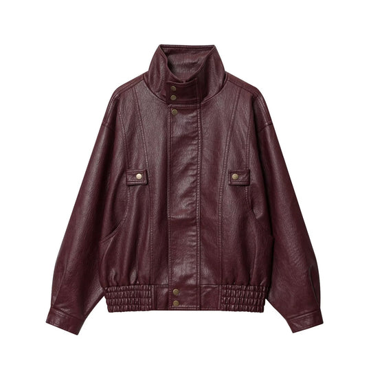 Damen lässige Kunstlederjacke mit hohem Kragen und Weitenregulierung EB