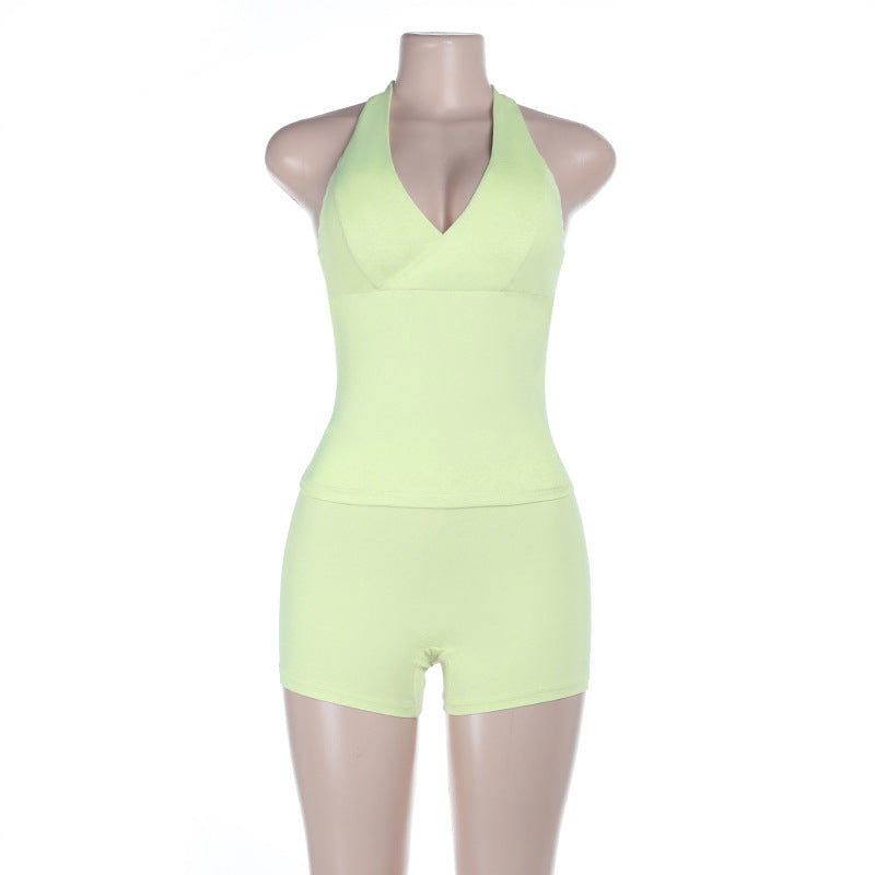 Damen sportlicher Einteiler mit tiefem V-Ausschnitt und schulterfreiem Design EB