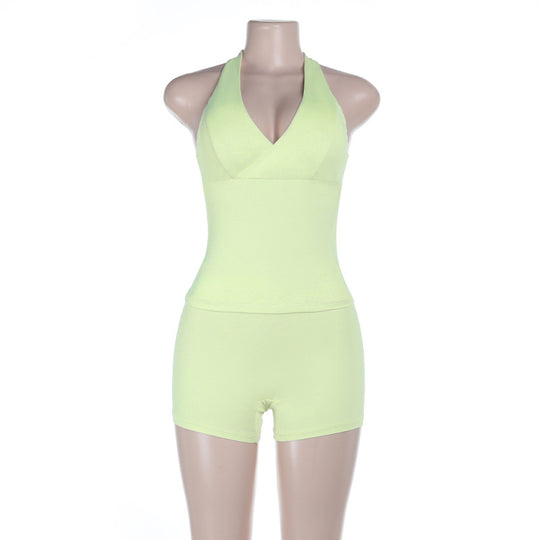 Damen sportlicher Einteiler mit tiefem V-Ausschnitt und schulterfreiem Design EB