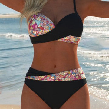 Damen Bandeau-Bikini mit hoch taillierten Höschen und lebhaftem Paisleymuster EB