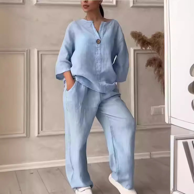 Damen nan lässiges Leinen-Relax-Set mit weiter Hose und Hemdbluse EB