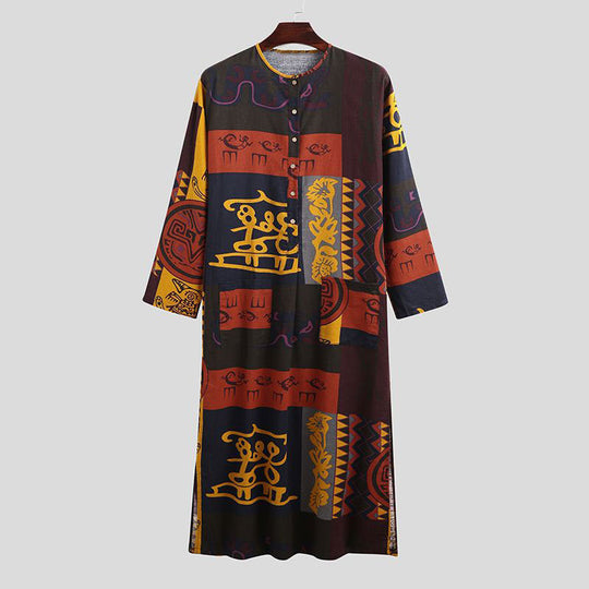Damen nan Ethno-Maxikleid mit Stehkragen, kurzer Knopfleiste, überschnittenen Ärmeln und A-Linien-Schnitt EB