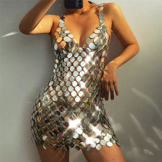 Damen Glamouröses Pailletten-Kleid mit tiefem V-Ausschnitt und funkelndem Design EB