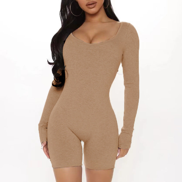 Damen Langarm Jumpsuit mit figurformendem Schnitt und Rippstruktur EB