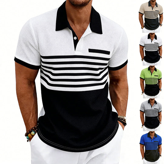 Herren nan Jacquard-Polo mit Blockstreifen, Brustblende und Baumwollmix EB