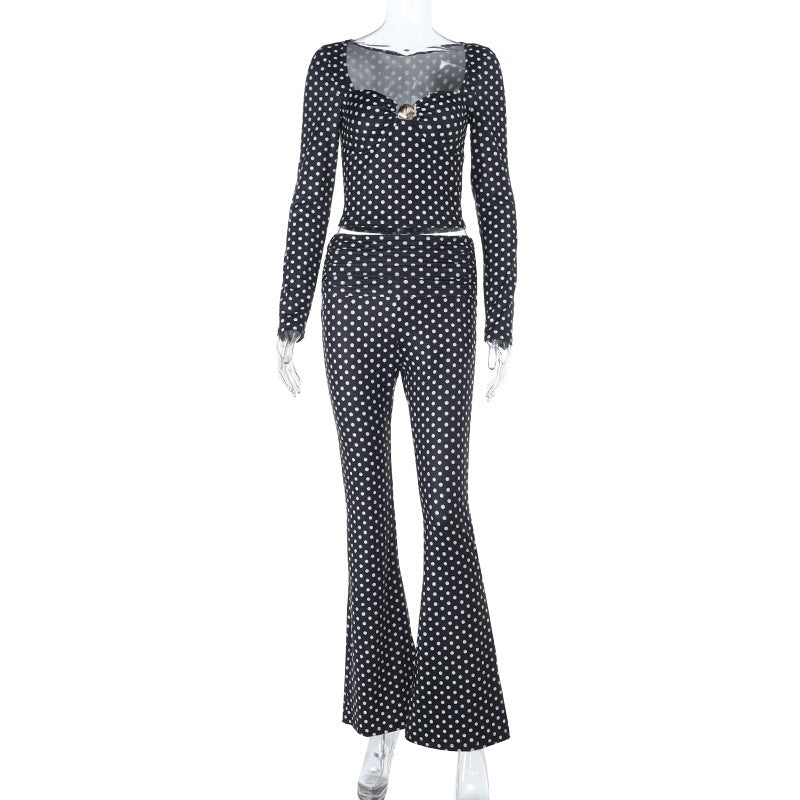 Damen figurbetonter Jumpsuit mit langen Ärmeln und Polka-Dot Muster EB