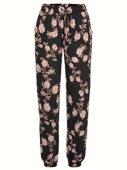 Damen florale Freizeithose mit elastischem Bund und seitlichen Taschen EB