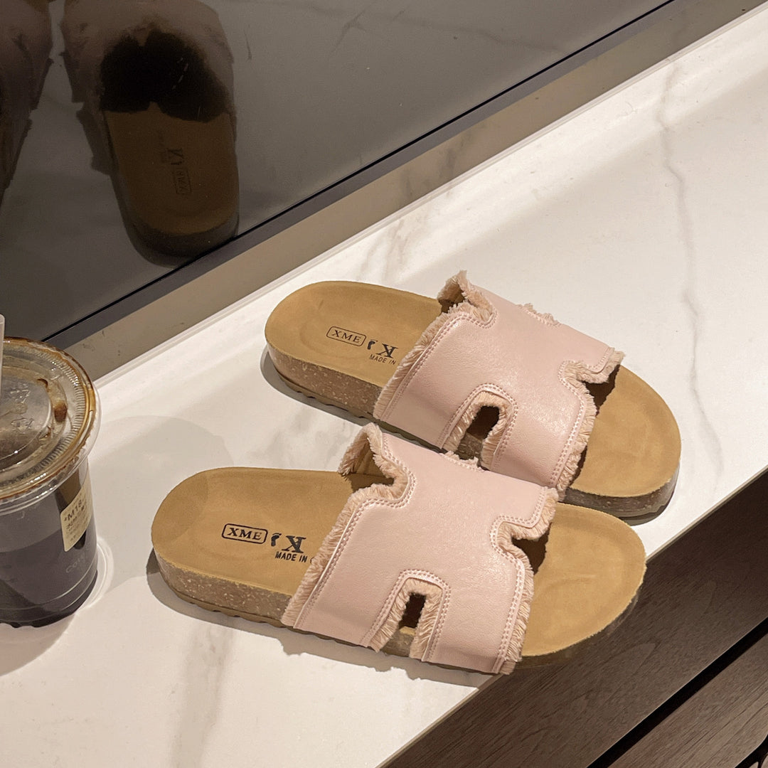 Damen komfortable Sommer-Pantoletten mit fransigem Design EB