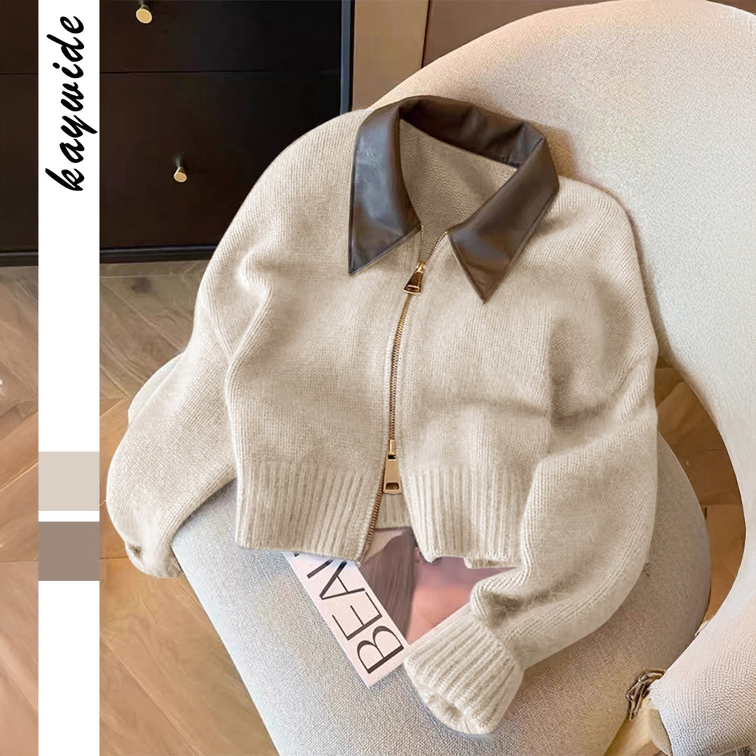 Damen nan kurz geschnittener Strickblouson mit Kunstlederkragen und goldfarbenem Metallreißverschluss EB