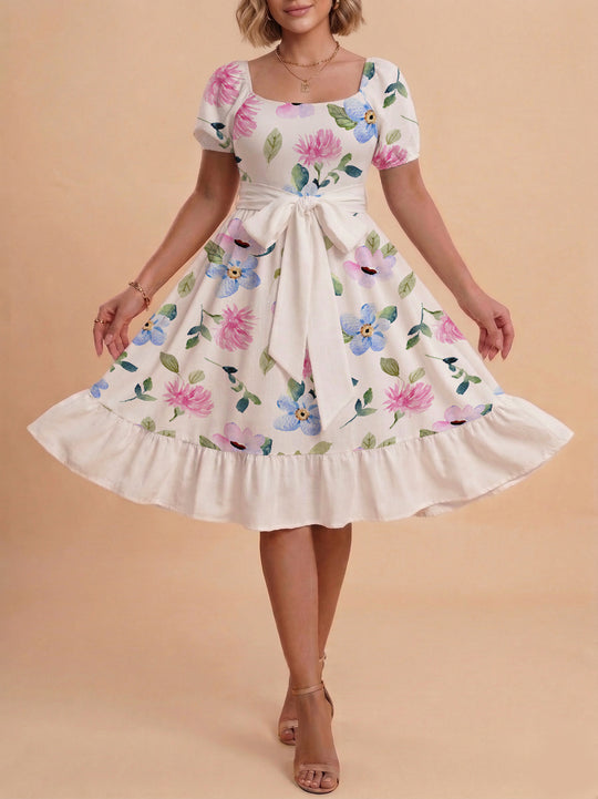 Damen A-Linien-Kleid mit floralen Motiven und taillierbarem Gürtel EB