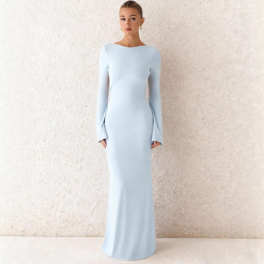 Damen Elegantes Maxikleid mit langem Arm und schwingendem Rock EB