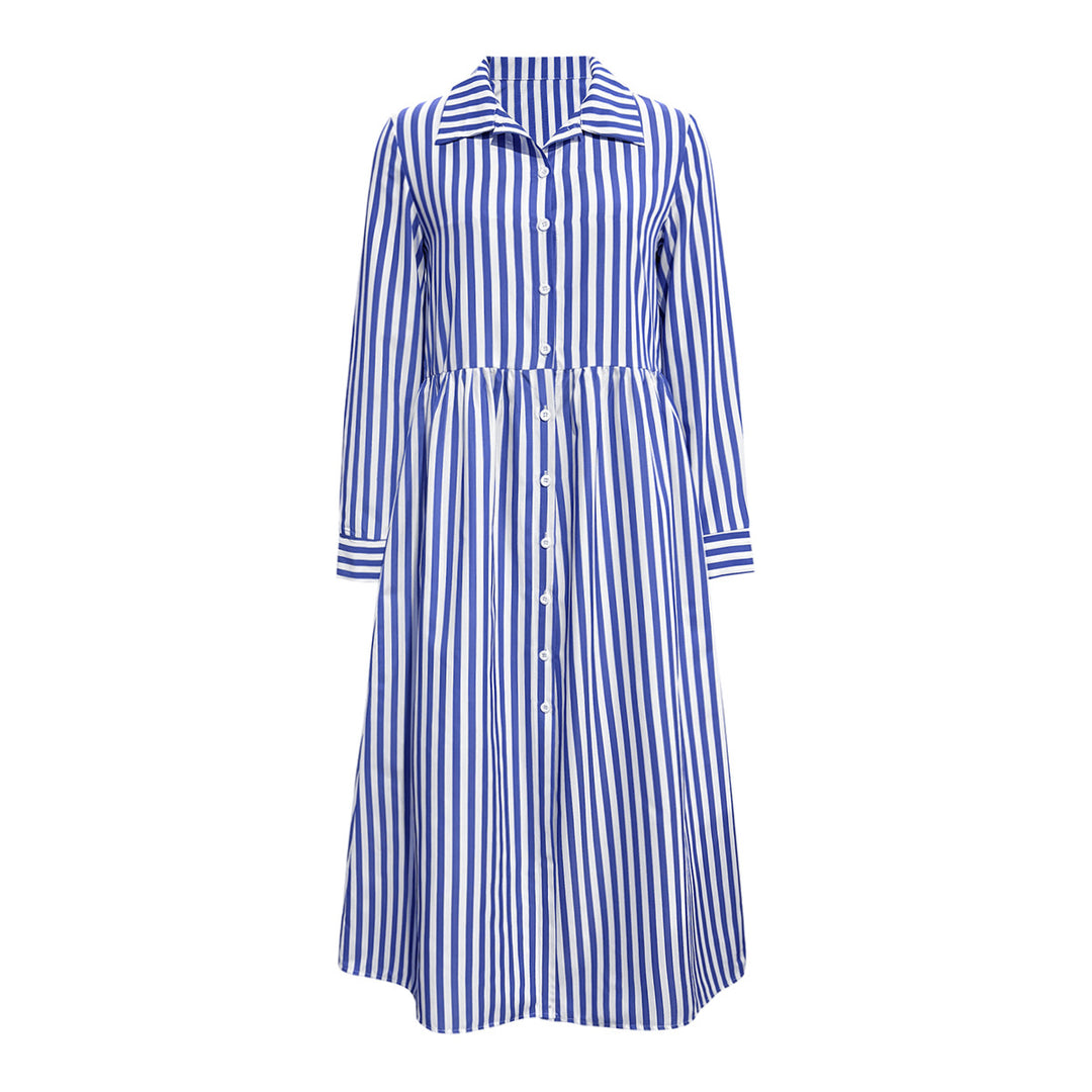 Damen Midi-Kleid mit eleganten Streifen und strukturierter Knopfleiste EB