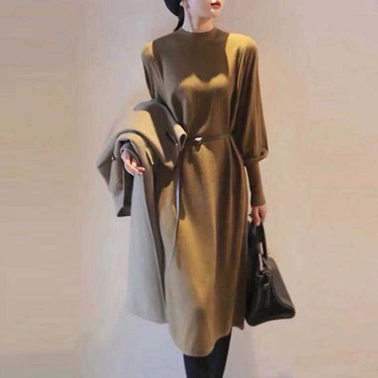 Damen Elegantes Knielanges Kleid mit Gürtel und Langarm EB