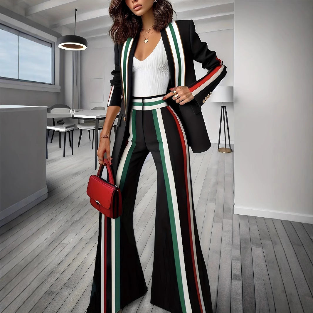 Damen Elegantes Blazer‑Hosenensemble mit seitlichen Kontraststreifen und weitem Schlag EB