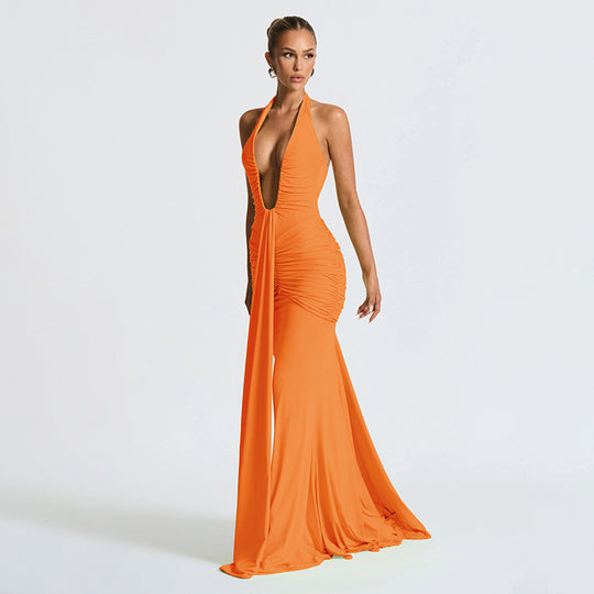 Damen Elegantes Maxi-Kleid mit tiefem V-Ausschnitt und Rüschendetails EB