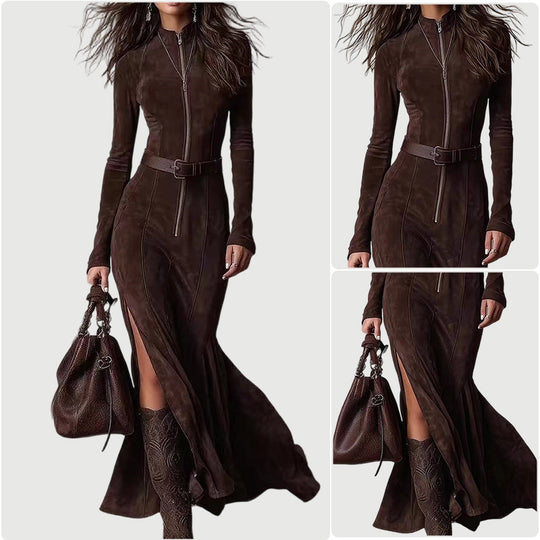 Damen Langarm Kleid mit Reißverschluss und seitlichen Schlitzen EB
