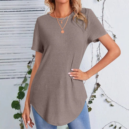 Damen lässiges Strickoberteil mit verlängertem Schnitt und Rundhalsausschnitt EB