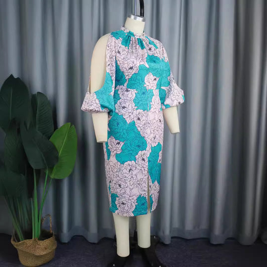 Damen elegantes Wickelkleid mit floralem Muster und modischen Cut-Out-Ärmeln EB