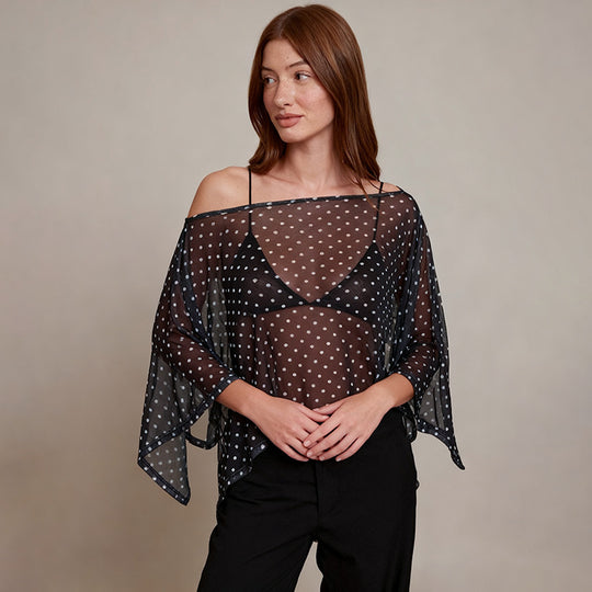 Damen transparentes Oberteil mit asymmetrischem Schnitt und Polka-Dots EB