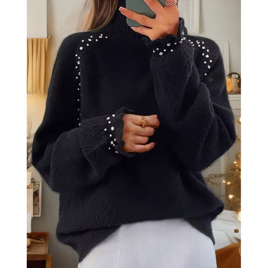 Damen nan Oversize Strickpullover mit Stehkragen und Perlendetails EB