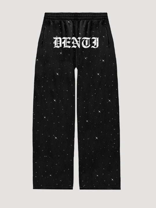 Damen nan Loungehose mit Galaxie-Sternenprint, geradem Bein, elastischem Komfortbund und gotischem Schriftzug EB