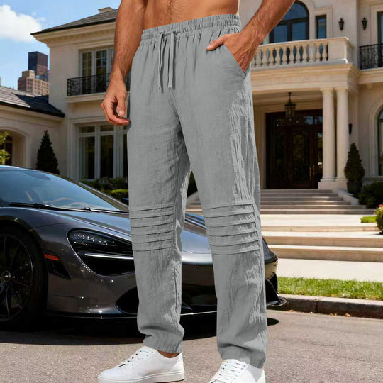Herren Leinenoptik-Loungehose mit Tunnelzug elastischem Bund und abgesteppten Kniepanelen EB