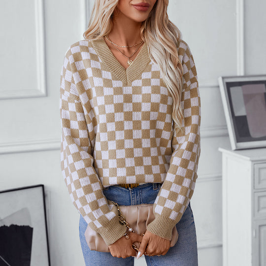 Damen lässiger V-Ausschnitt Pullover mit Karo-Muster und lockerer Passform EB